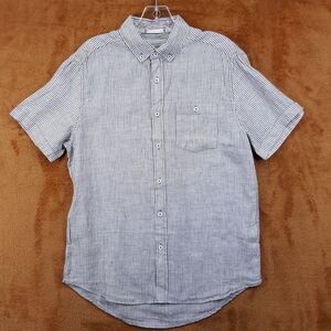 HERITAGE Shirt Mens Small Tan Brown Stripe Button Up Short Sleeve 100% Linen